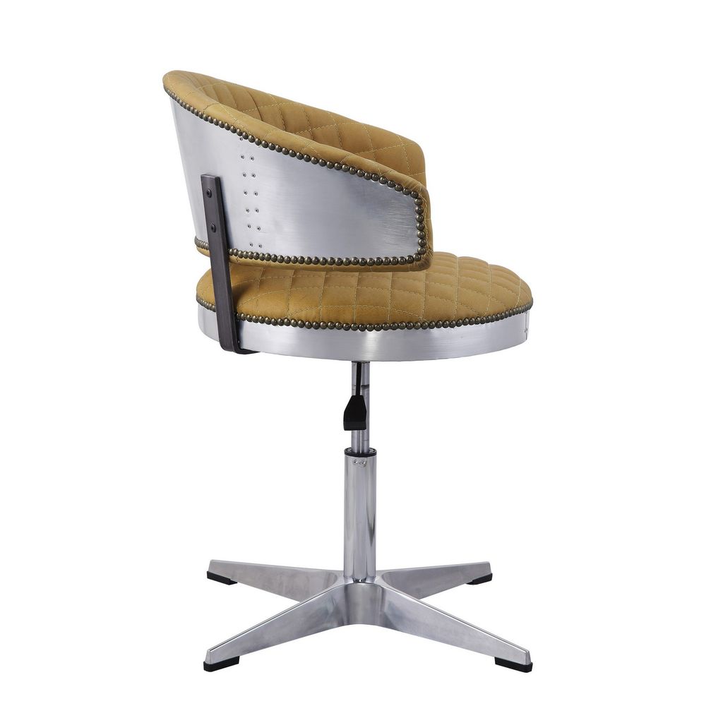 Swivel Leatherette Chair with Curved Back and Metal Star Base, Yellow - View 3