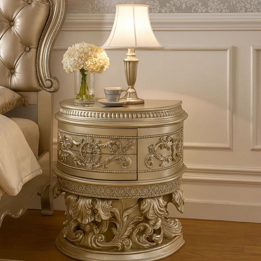 Nightstand with Scrolled Carvings and Half Moon Shape, Champagne Silver - View 7
