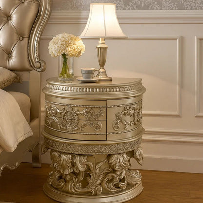 Nightstand with Scrolled Carvings and Half Moon Shape, Champagne Silver - View 7