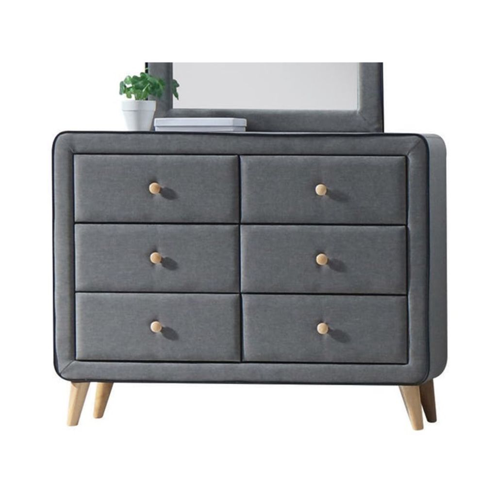 Transitional Style Wood and Fabric Upholstery Dresser with 6 Drawers, Gray