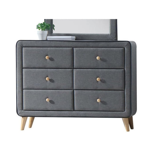 Transitional Style Wood and Fabric Upholstery Dresser with 6 Drawers, Gray