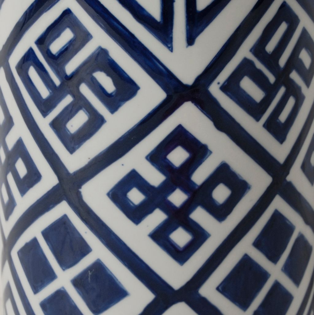 14 Inch Lidded Jar, Geometric Pattern, Cylindrical Blue and White Porcelain - View 2