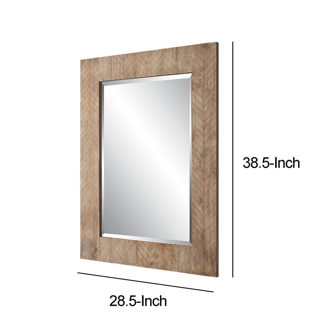 39 Inch Wood Frame Wall Mirror, Chevron Design, Brown - View 6