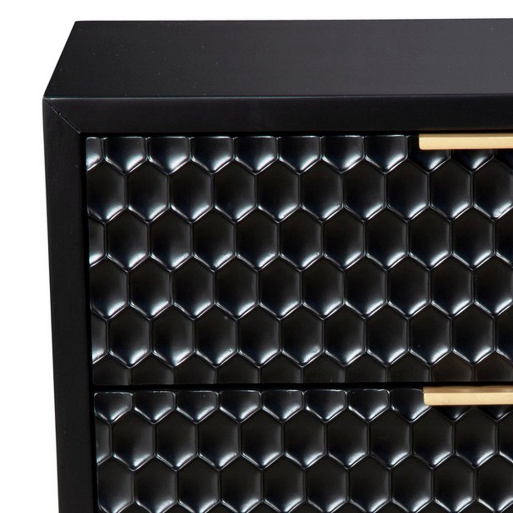 Rexi 26 Inch 2 Drawer Nightstand, Honeycomb, Mahogany Wood, Black, Gold - View 3