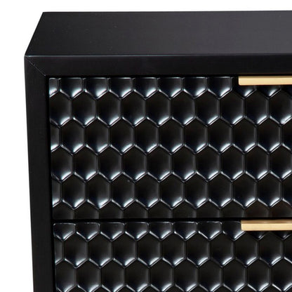 Rexi 26 Inch 2 Drawer Nightstand, Honeycomb, Mahogany Wood, Black, Gold - View 3