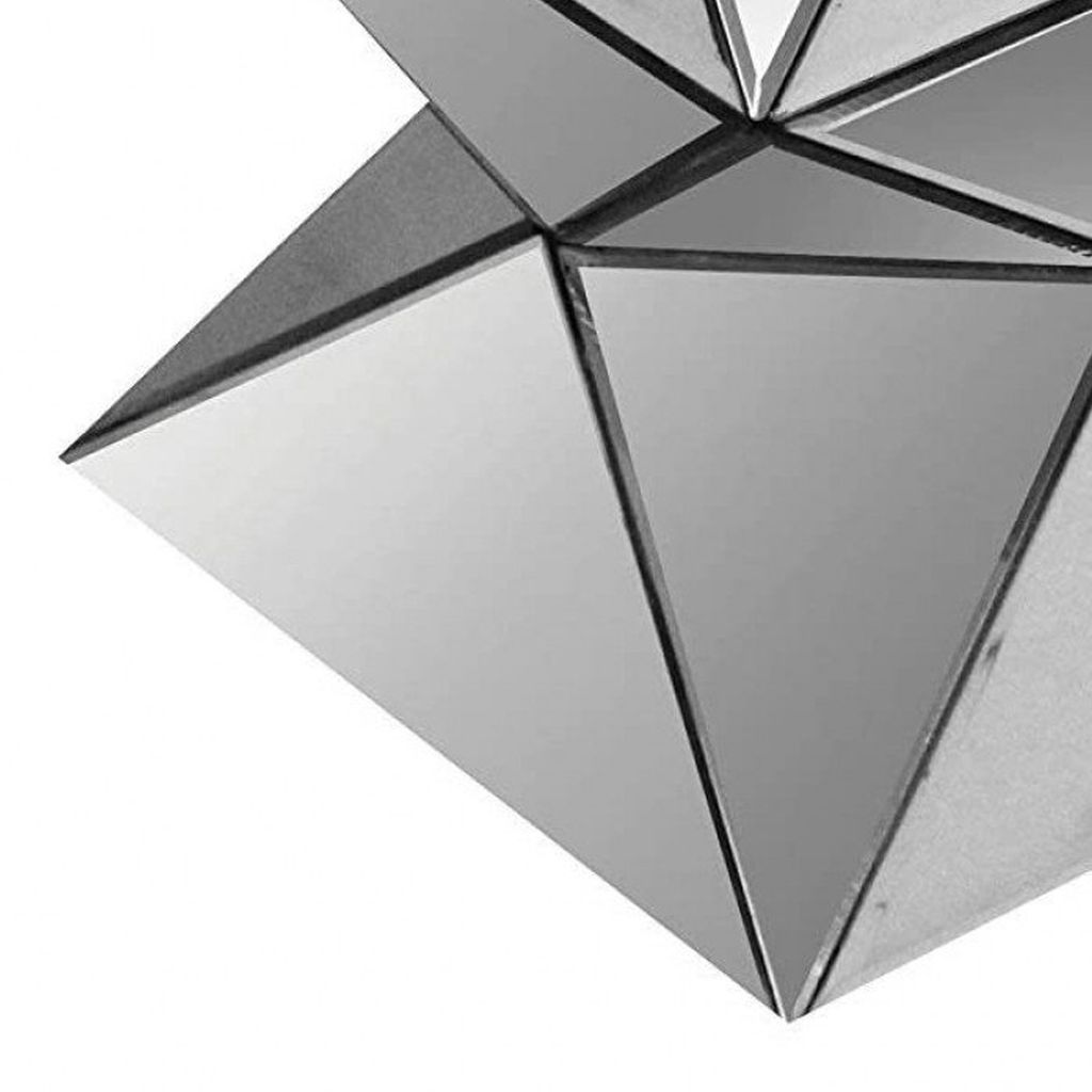 20 Inch Modern End Table, Square Mirror Top, Silver Geometric Pedestal Base - View 4