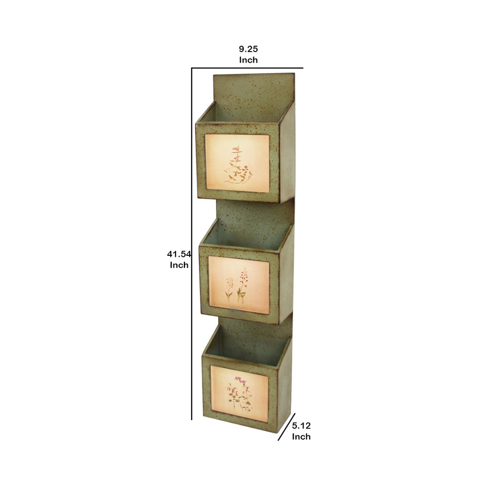Rustic Wooden Wall Organizer with 3 Box Slots and Floral Pattern, Green - View 5