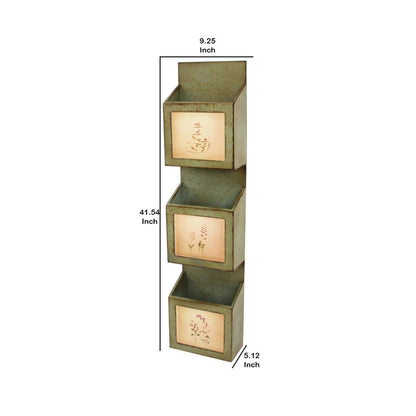 Rustic Wooden Wall Organizer with 3 Box Slots and Floral Pattern, Green - View 5