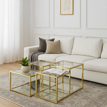 Coffee Table with Glass Top and Tubular Frame, Gold - View 7