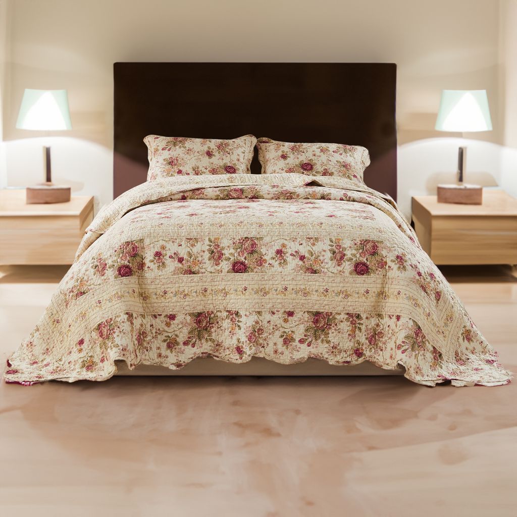 Rosle 3 Piece King Bedspread Set, Floral Print, Scalloped, Cream, Pink - View 7