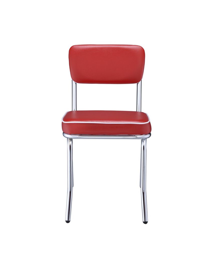 Dining Side Chair Set of 2, Retro Red Faux Leather, Chrome Metal Legs - View 3