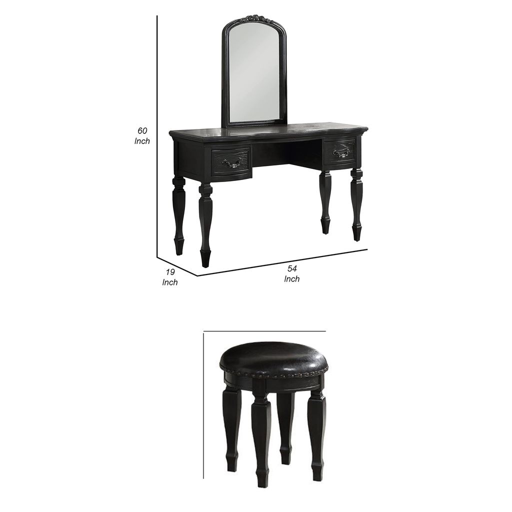 3 Piece Vanity Set with Carved Mirror and Turned Legs, Black - View 6