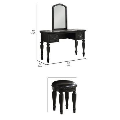 3 Piece Vanity Set with Carved Mirror and Turned Legs, Black - View 6