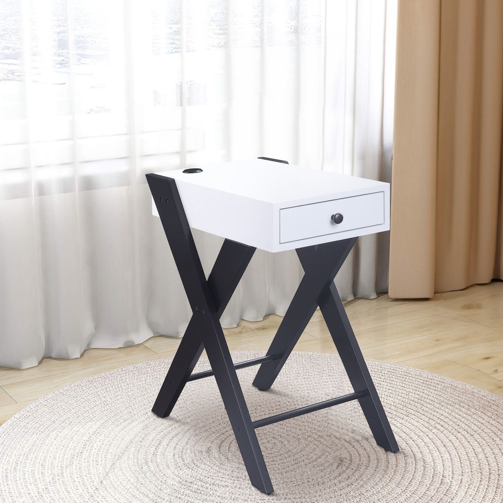 Wooden Frame Side Table with X Shaped Legs and 1 Drawer, White and Black - View 7
