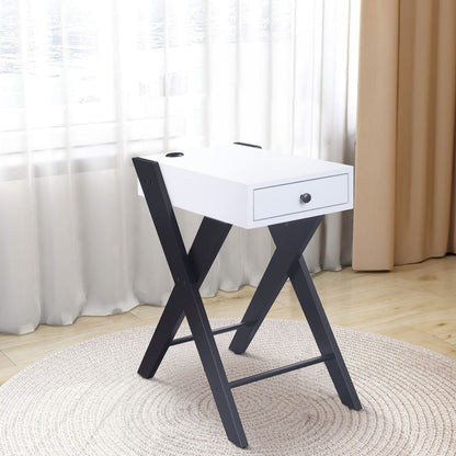 Wooden Frame Side Table with X Shaped Legs and 1 Drawer, White and Black - View 7