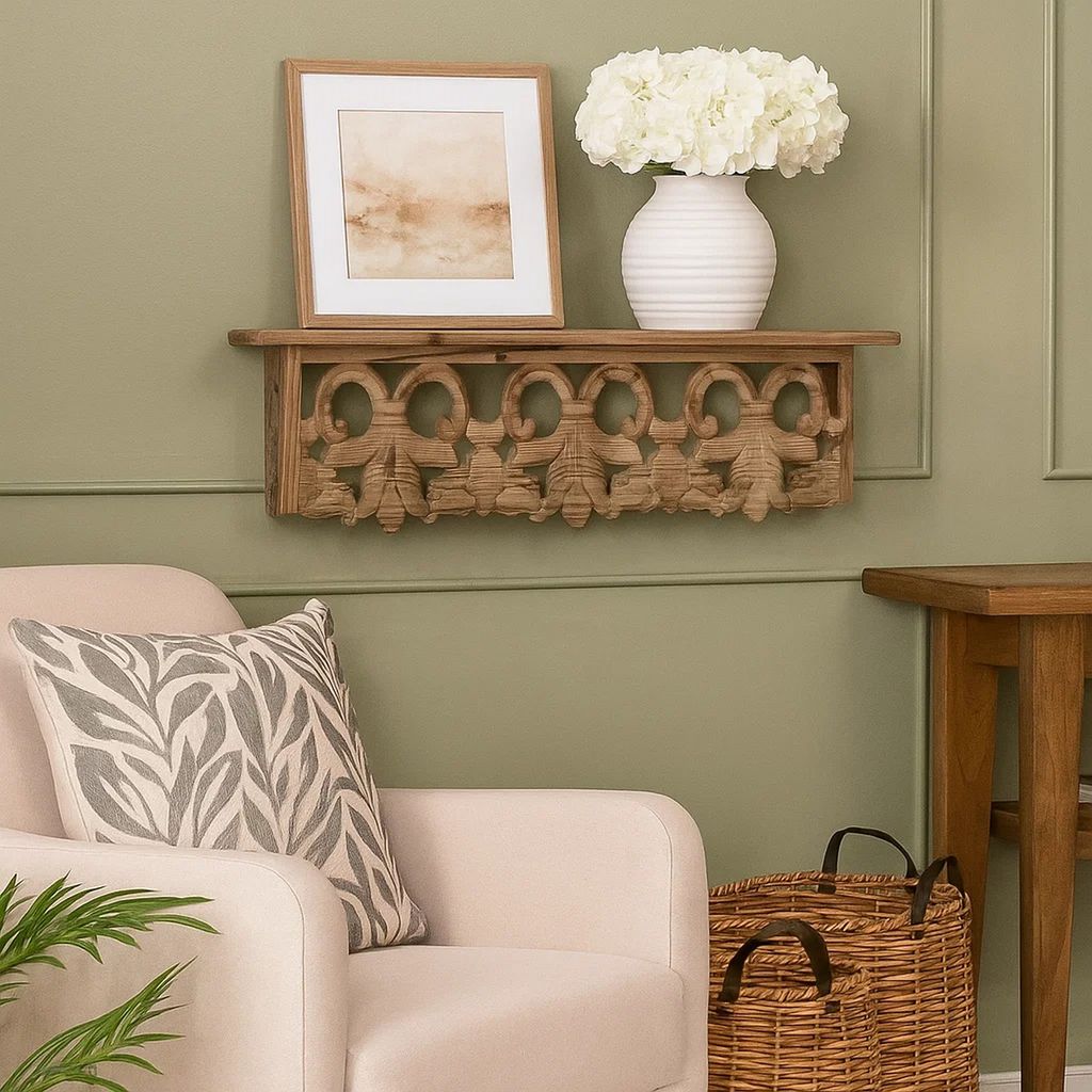 23.5 Inches Wooden Wall Shelf with Scrollwork, Small, Brown - View 7