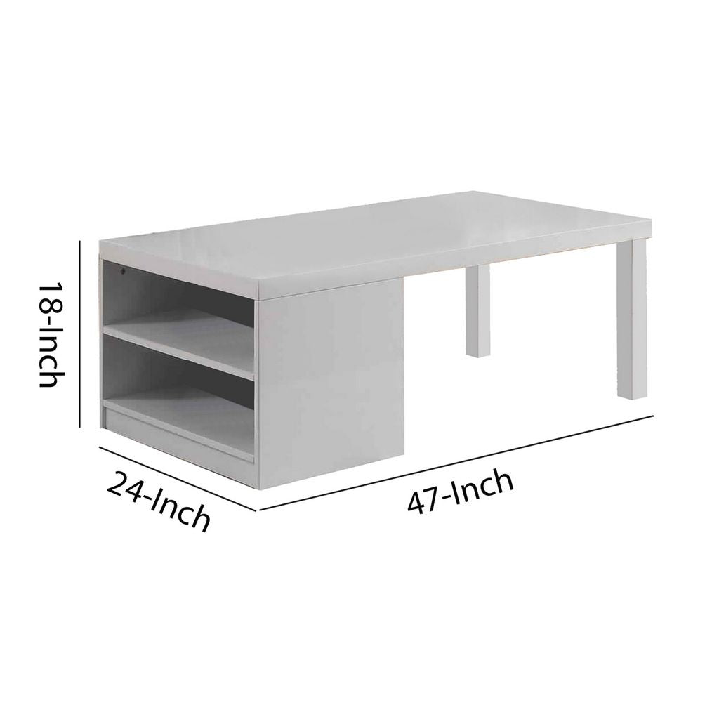 Wood and Metal Frame Coffee Table with Open Shelves, White and Chrome - View 5