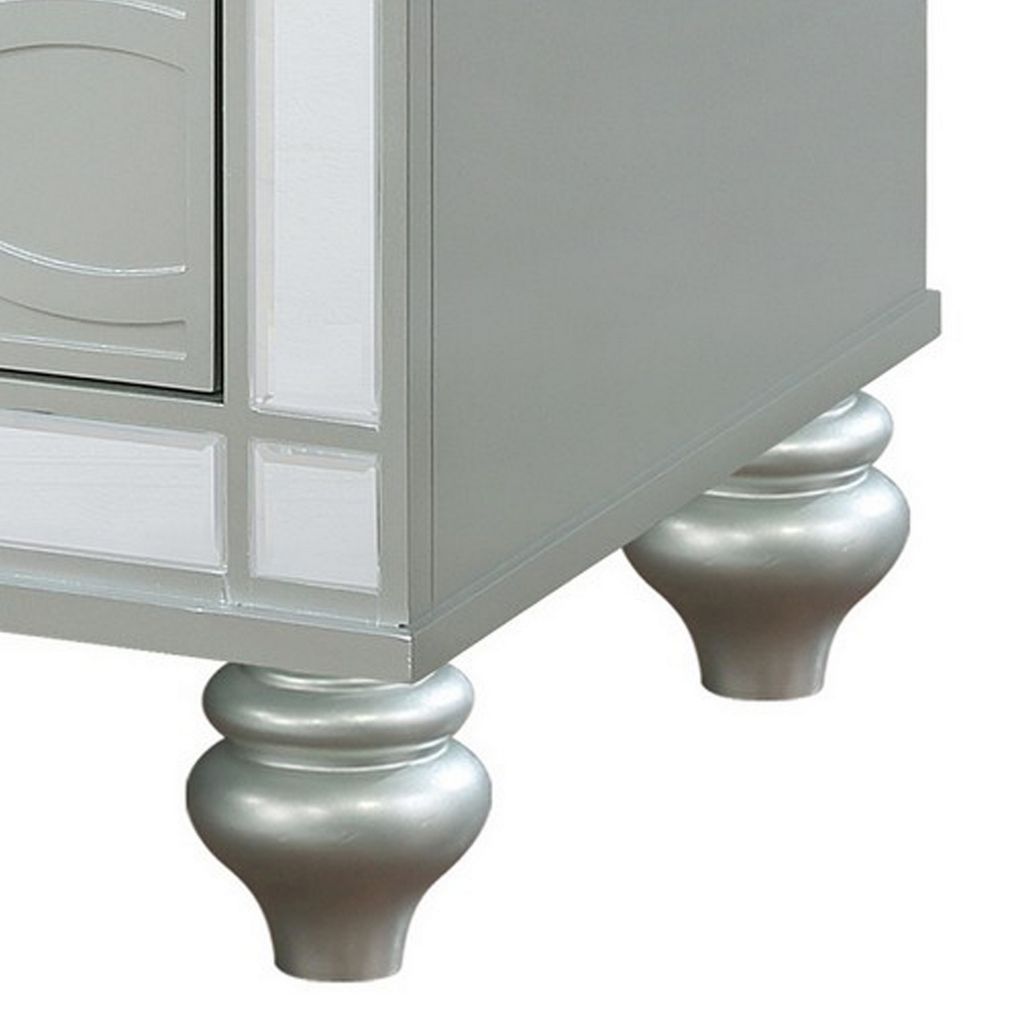 Gina 29 Inch Modern Glam Nightstand, Round Crystal Knobs, USB Ports, Silver - View 4