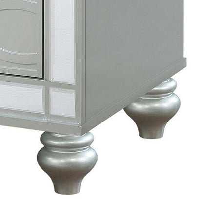 Gina 29 Inch Modern Glam Nightstand, Round Crystal Knobs, USB Ports, Silver - View 4