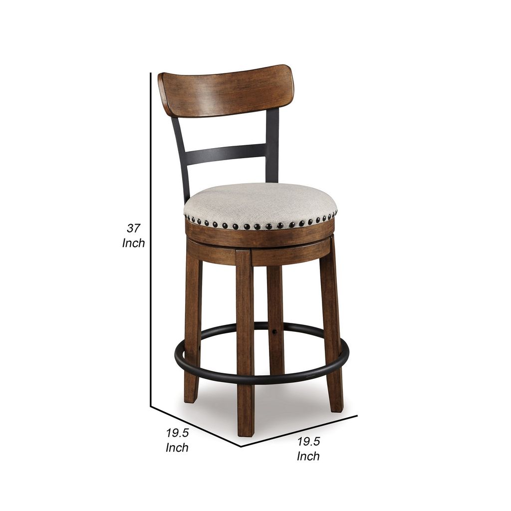 Zane 25 Inch Swivel Counter Height Stool, Round Cushioned Seat, Brown Wood - View 5