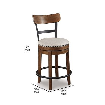 Zane 25 Inch Swivel Counter Height Stool, Round Cushioned Seat, Brown Wood - View 5