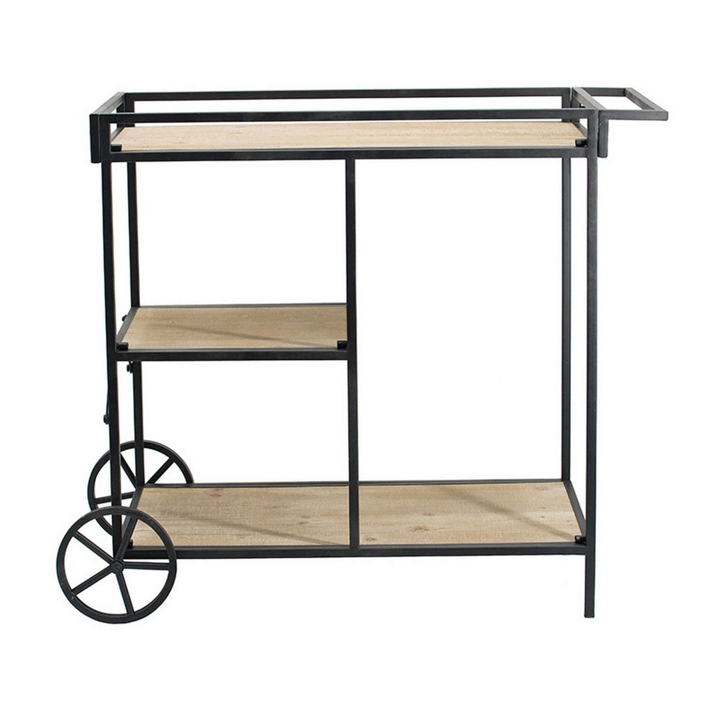 32 Inch Bar Cart, 3 Tiers, Fir Wood Shelves, Iron Frame, Black, Brown - View 2