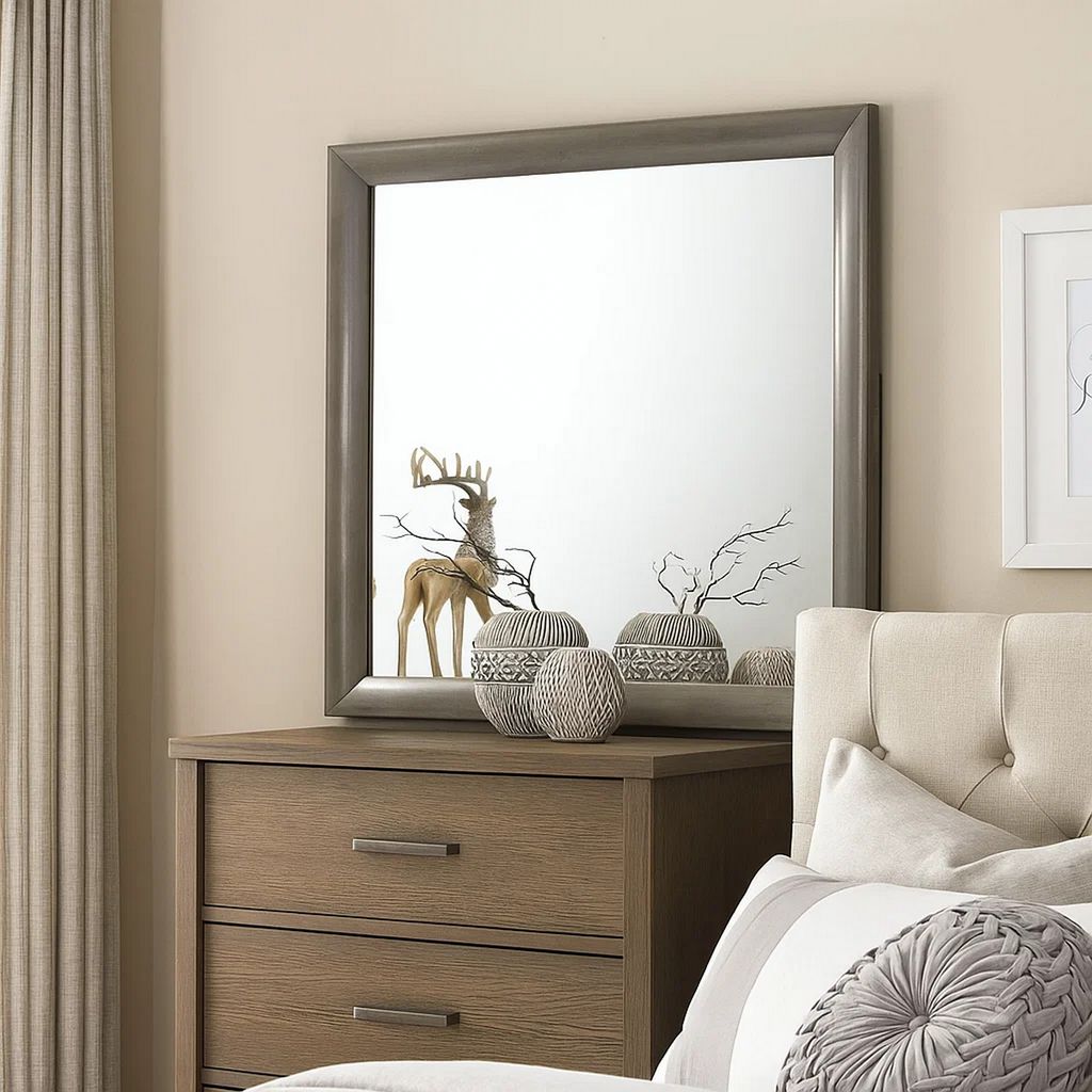 Transition Style Wooden Mirror with Rectangular Shape,Gray and Silver - View 7