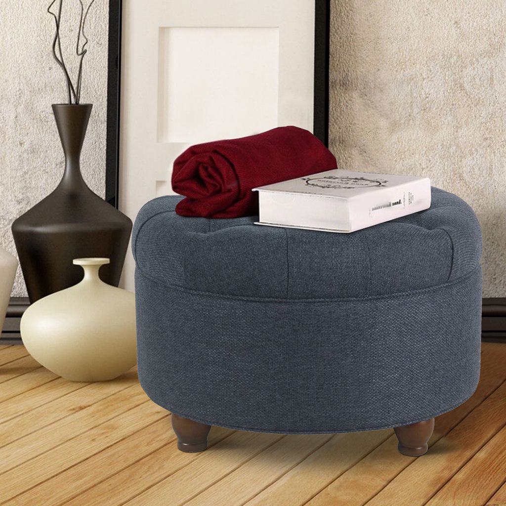 Fabric Upholstered Wooden Ottoman with Tufted Lift Off Lid Storage, Navy Blue - View 7