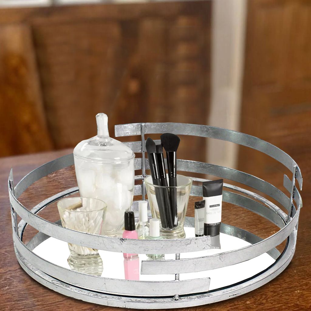 Round Metal Tray Set of 2 with Mirror Panel Inserts, Silver - View 6