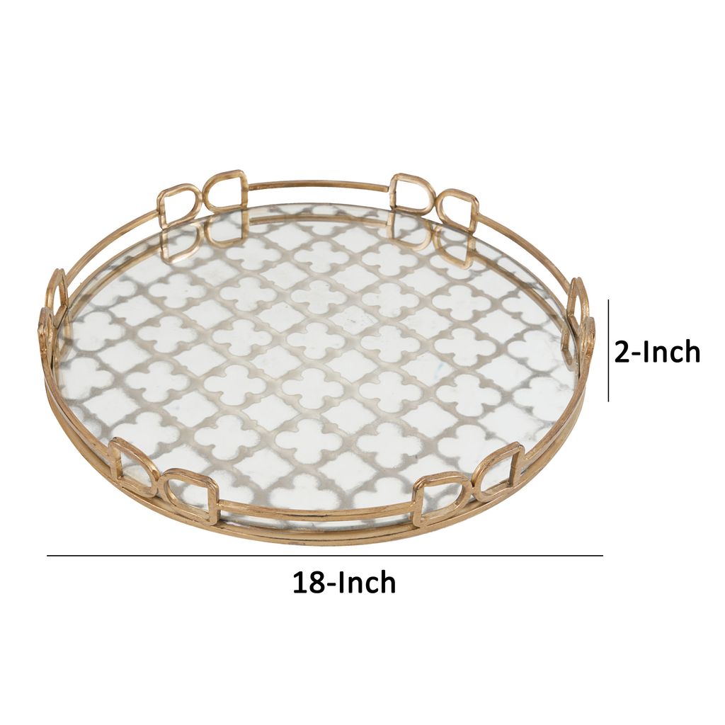 Sui 18 Inch Round Decorative Tray, Glass Bottom and Gold Geometric Frame - View 5