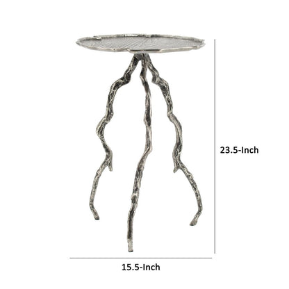 24 Inch Accent Table, Aluminum Metal Branch Tripod Legs, Antique Silver - View 5