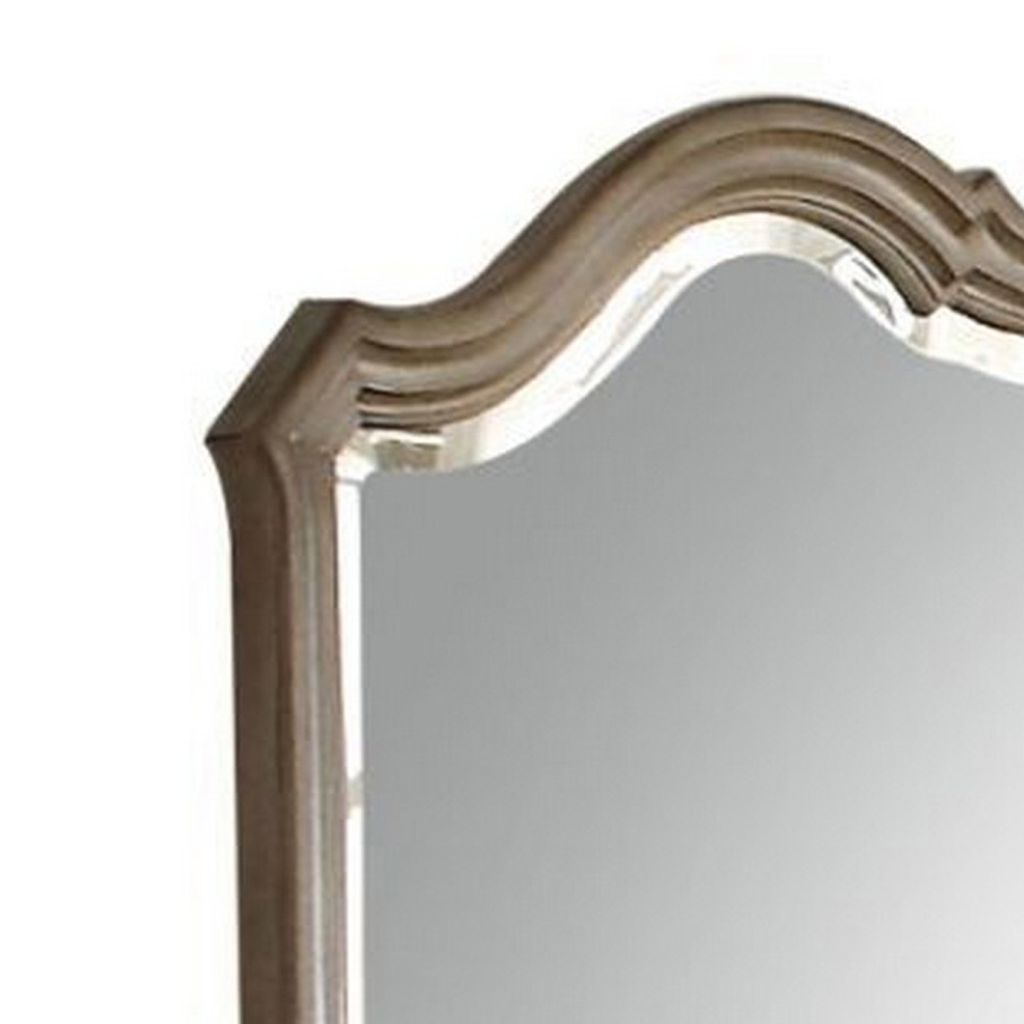 Wooden Molded Frame Mirror with Scalloped Design Top, Taupe Brown - View 3