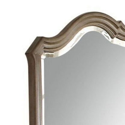 Wooden Molded Frame Mirror with Scalloped Design Top, Taupe Brown - View 3