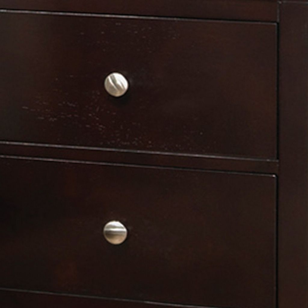 Con 26 Inch Modern 2 Drawer Nightstand, Silver Knobs, Cappuccino Brown - View 2