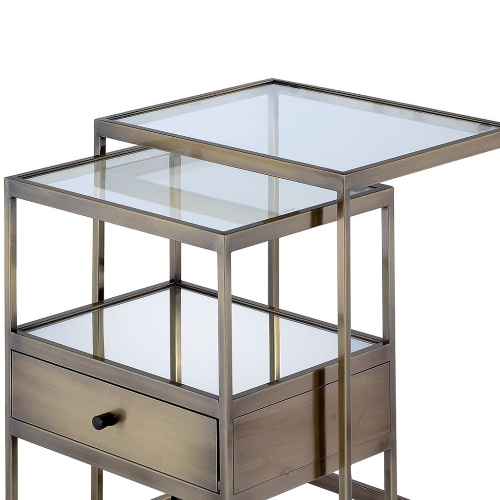 Stylish Nesting Tables Set, Clear Glass &  Brass, 2 Piece Pack - View 2
