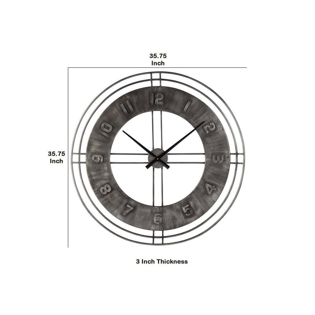 Industrial Round Metal Wall Clock with Roman Numerals, Gray - View 5