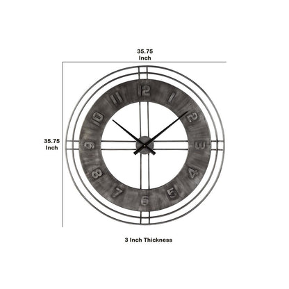 Industrial Round Metal Wall Clock with Roman Numerals, Gray - View 5