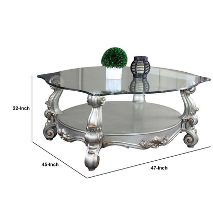 Curved Glass Top Coffee Table with Open Shelf, Silver - View 6