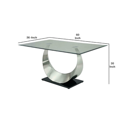 Metal and Glass Dining Table with Unique U Shape Pedestal Base, Chrome and Black - View 6