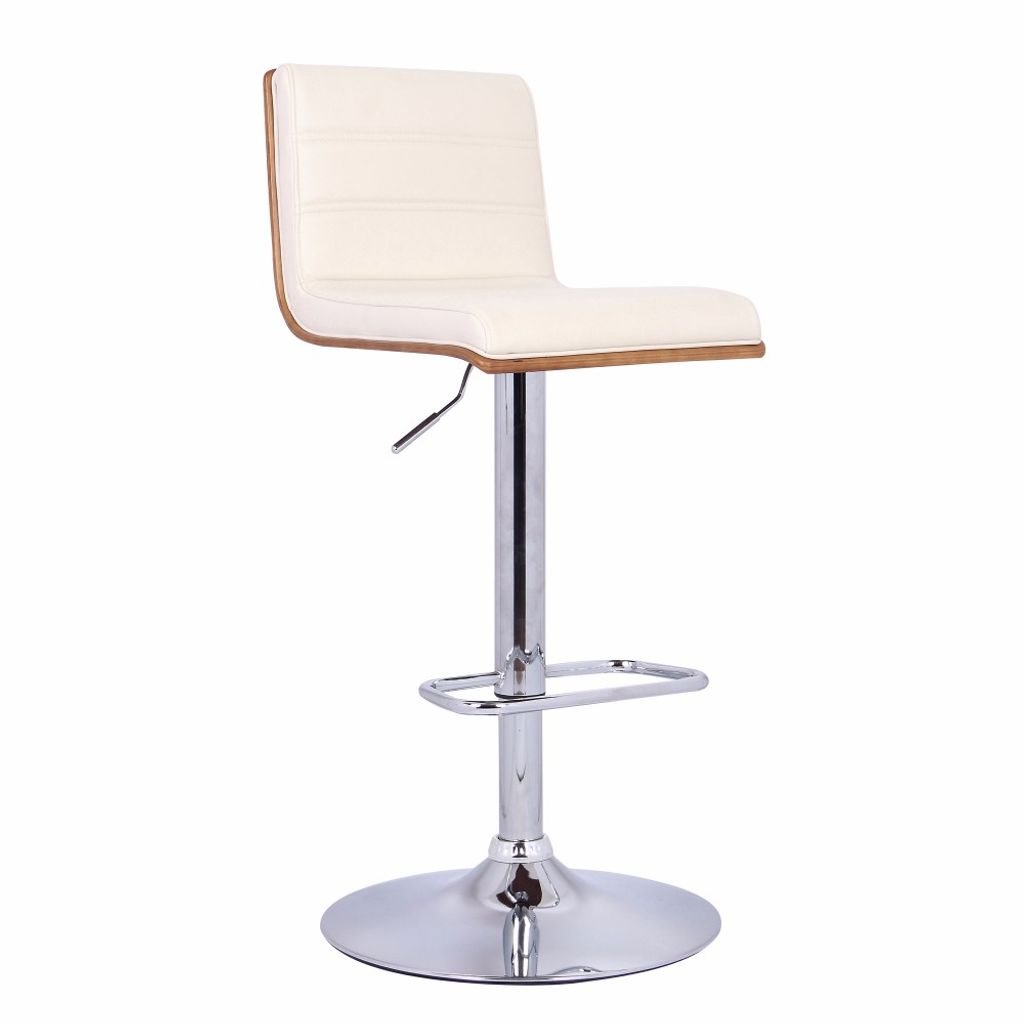 Wooden Support Faux Leather Barstool with Pedestal Base, Cream and Chrome