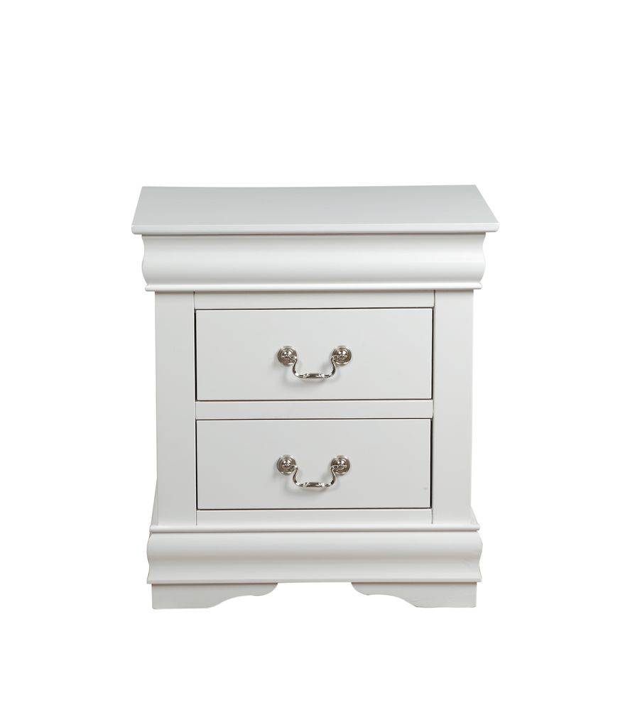 2 Drawer Wooden Nightstand with Metal Hanging Pulls and Bracket Feet, White - View 2