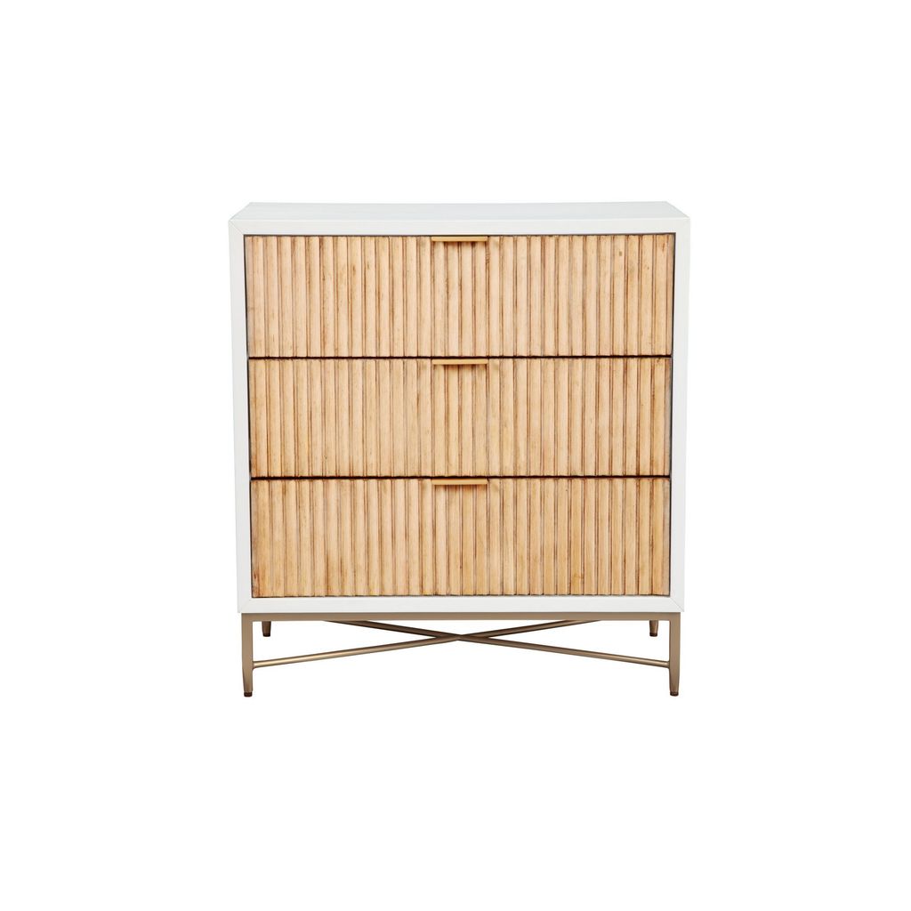 Eli 34 Inch 3 Drawer Small Dresser Nightstand, Corrugated Panels, White, Gold - View 2