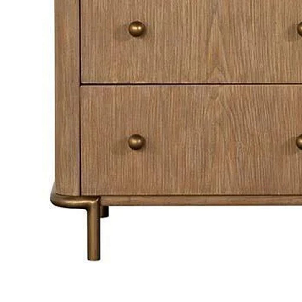 Hiz 29 Inch 3 Drawer Nightstand with Dual USB Ports, Brass Legs, Brown - View 4