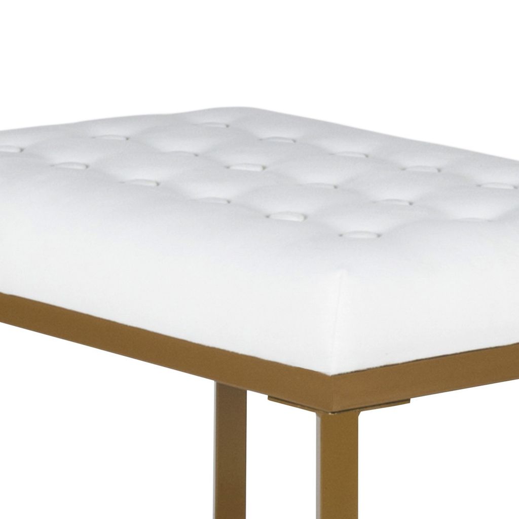 Metal Framed Bench with Button Tufted Velvet Upholstered Seat, White and Gold - View 3