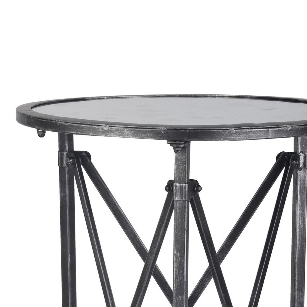 27 Inch Side Table, Round Metal Body, Glass Tabletop, 3 Wheels, Silver - View 2