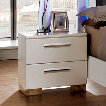 2 Drawer Wooden Nightstand with Metal Pulls, Glossy White - View 2