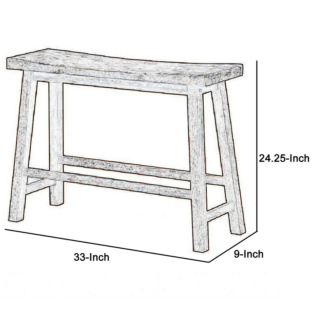 33 Inch Saddle Seat Bench with Angled Frame, Sandblasted Antique Brown Acacia Wood - View 5