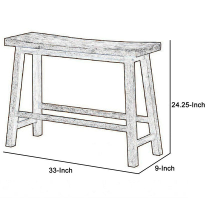 33 Inch Saddle Seat Bench with Angled Frame, Sandblasted Antique Brown Acacia Wood - View 5