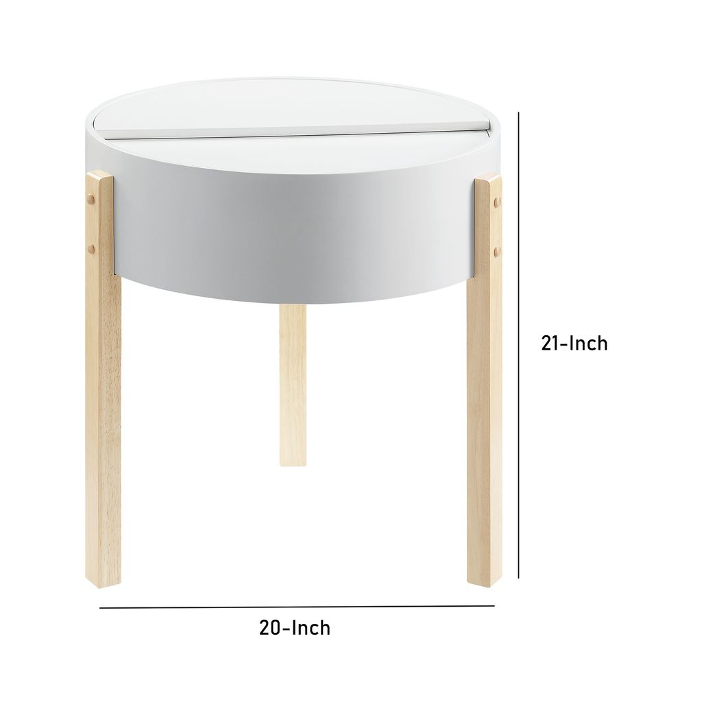 Round Wooden End Table with Hidden Storage, White and Brown - View 5