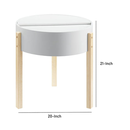 Round Wooden End Table with Hidden Storage, White and Brown - View 5